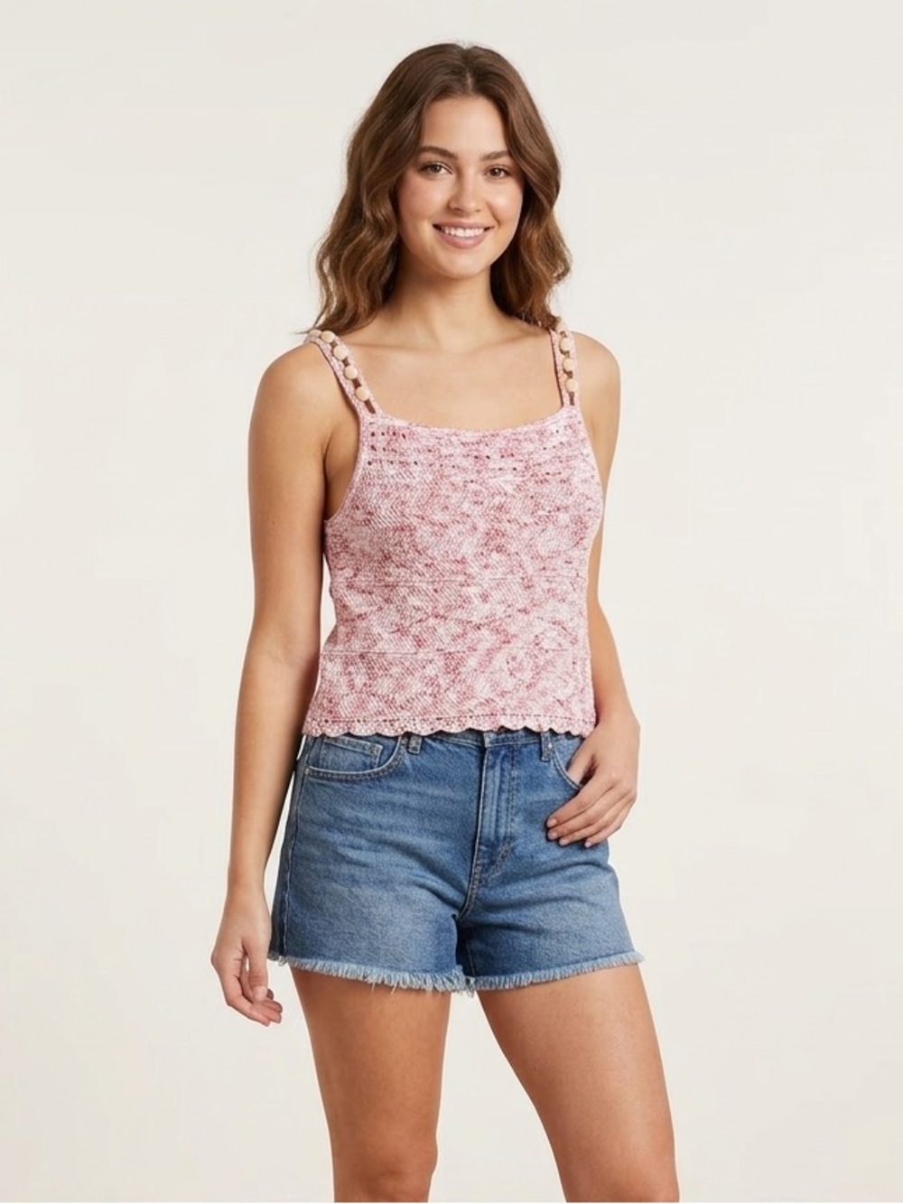 Sam Edelman XL Penny Textured Knit Marled Pink Tank Top with Beaded Straps